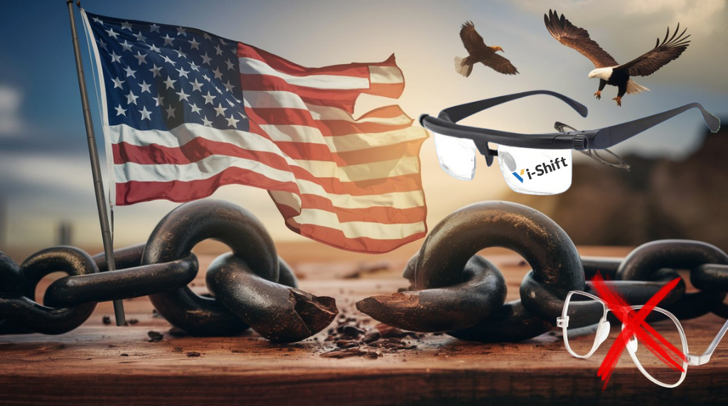 Image of an American flag, broken chains, prescription glasses xrossed out and bald eagles dropping Vi-Shifts from the sky