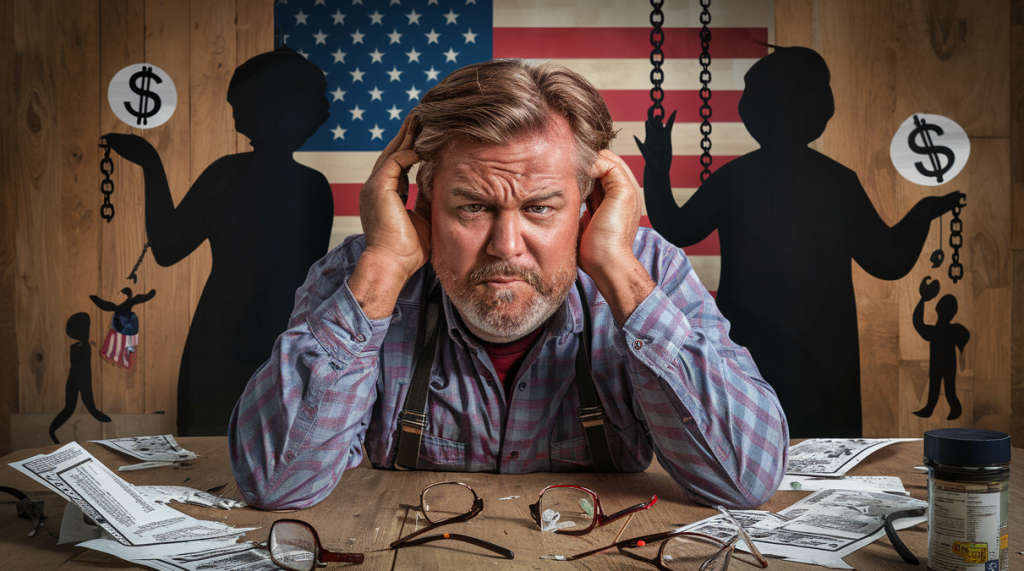 Man leaning on a table with his head in his hands, frustrated, broken prescription glasses n the table, American flag on the wall behind him with chains hanging from the ceiling to demonstrate the shackles of the system.