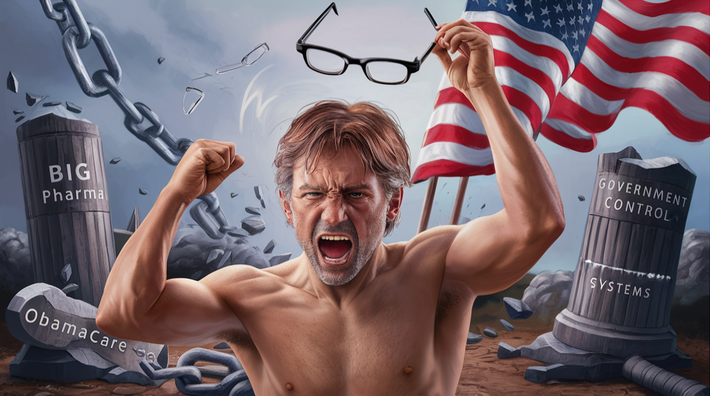 Image of a frustrated American man throwing away his glasses in front of columns that are collapsing and a big American flag on the background